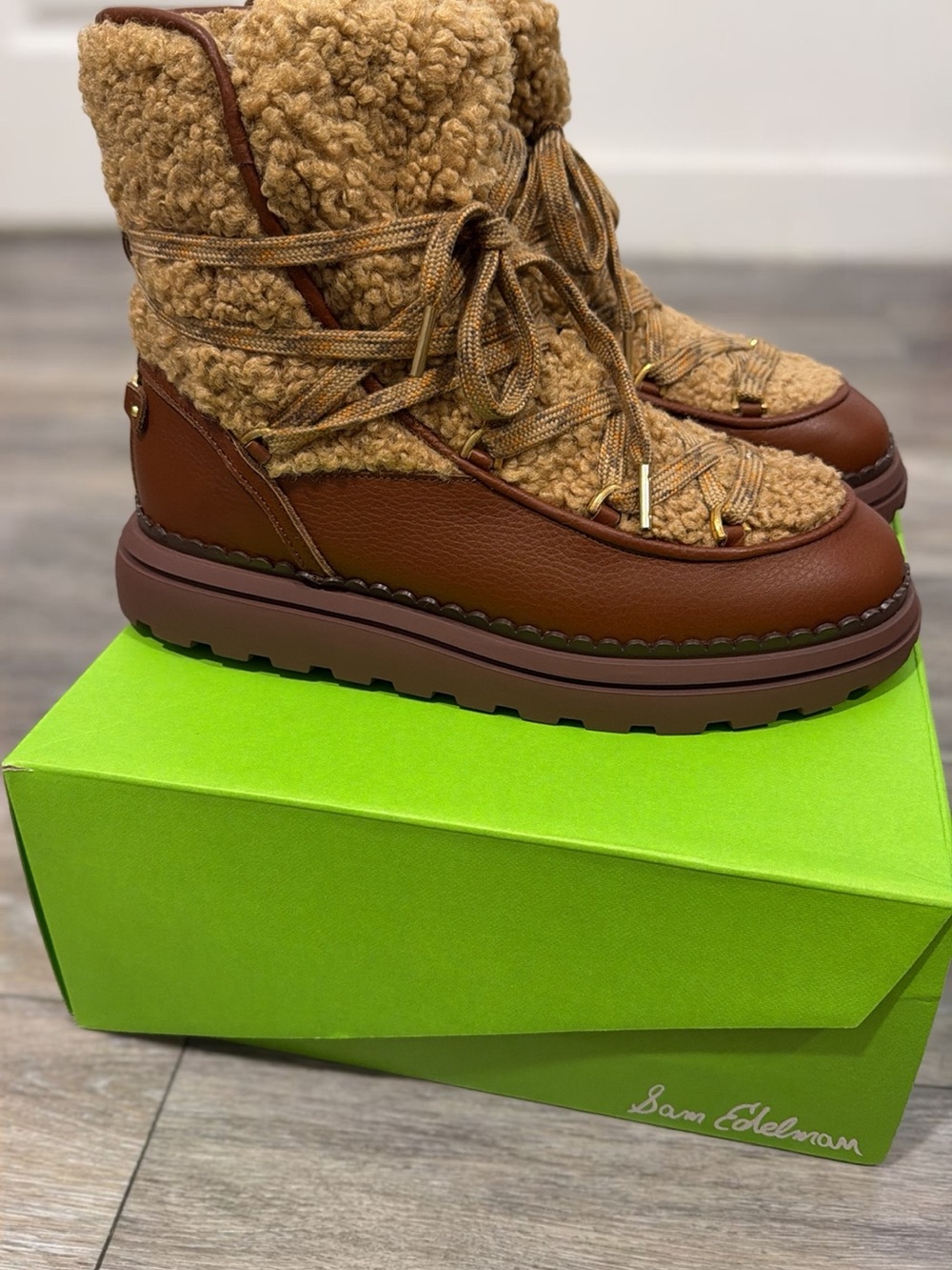 Sam Edelman Brown Shearling Lace-Up Winter Boots